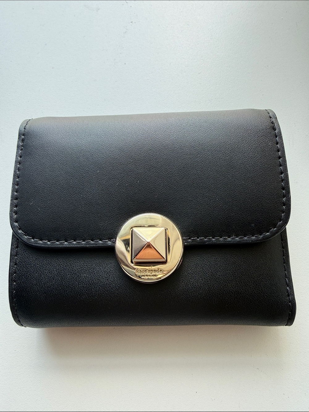 kate spade Black Leather Compact Wallet with Gold-Tone Pyramid Accent
